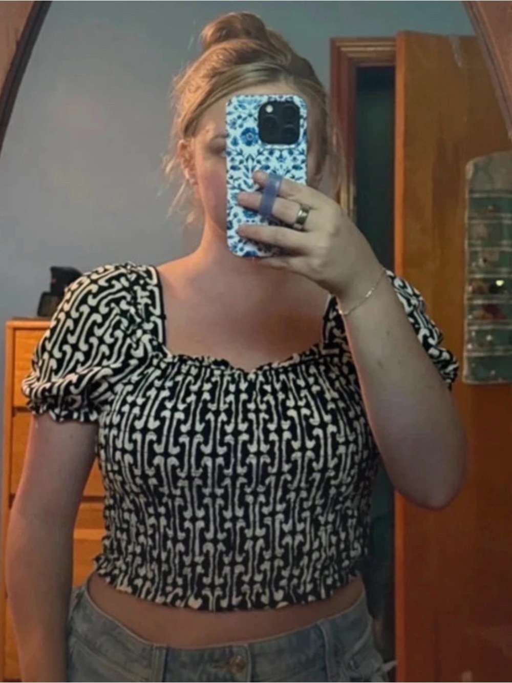 Smocked Puff-Sleeve Crop Top in Black and White